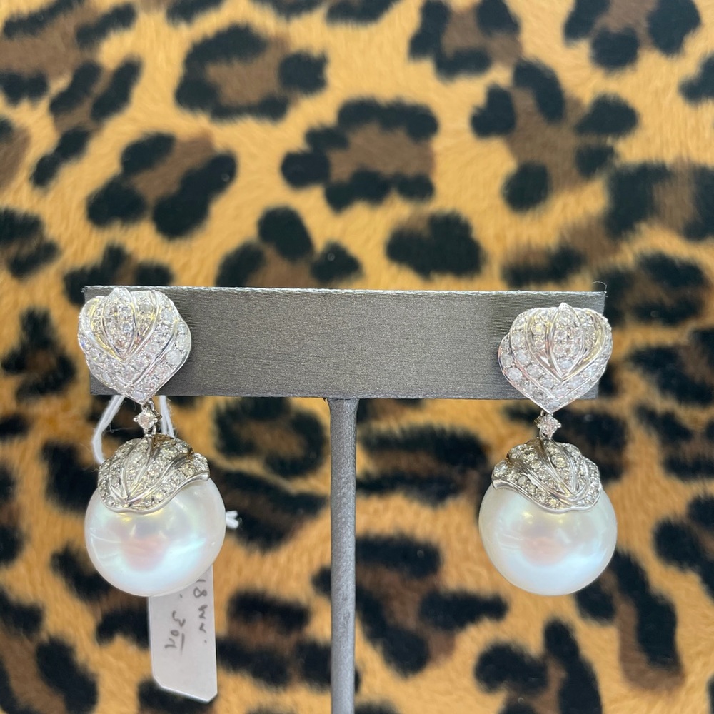 18K White Gold South Sea diamond Pearl Earrings